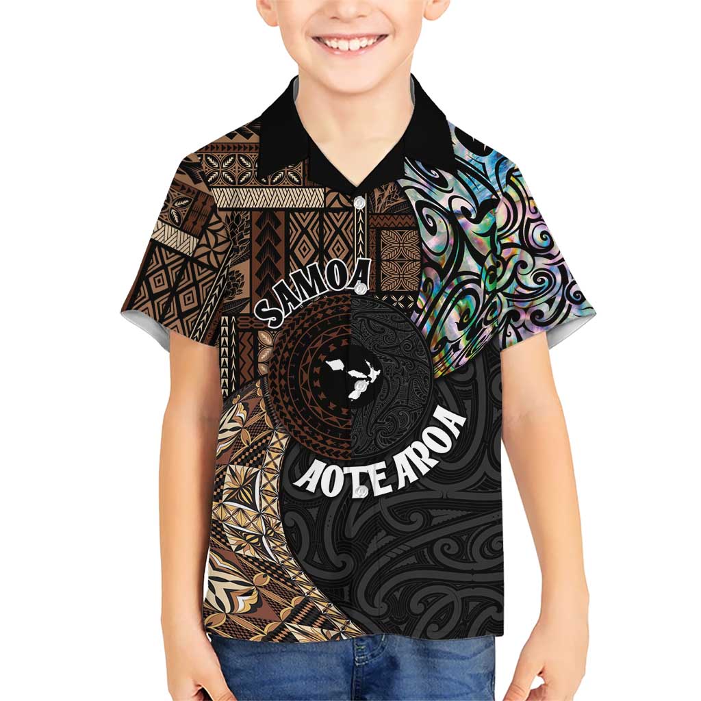 Samoa and New Zealand Together Kid Hawaiian Shirt Siapo Motif and Maori Paua Shell Pattern