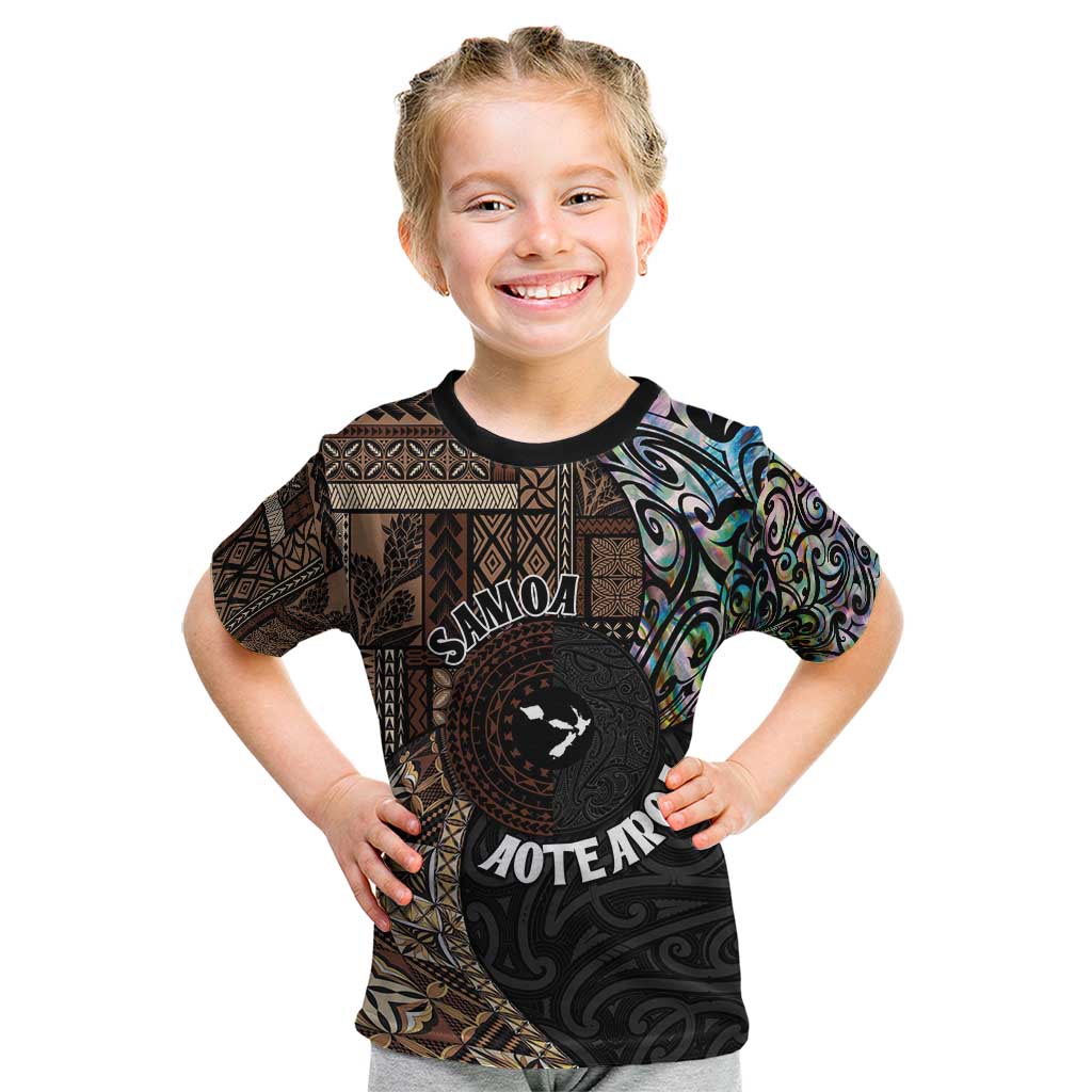 Samoa and New Zealand Together Kid T Shirt Siapo Motif and Maori Paua Shell Pattern