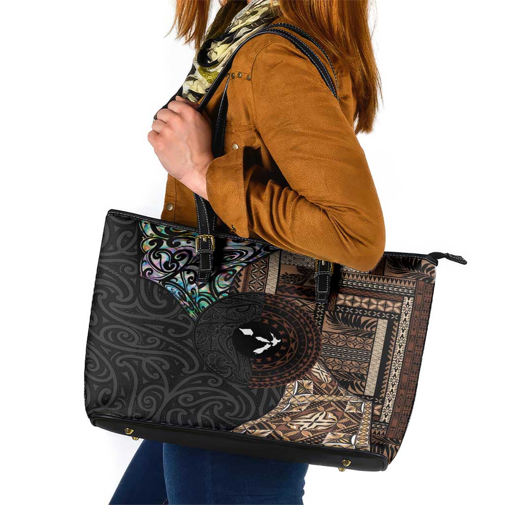 Samoa and New Zealand Together Leather Tote Bag Siapo Motif and Maori Paua Shell Pattern