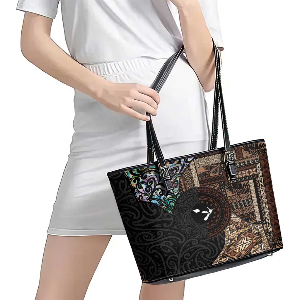 Samoa and New Zealand Together Leather Tote Bag Siapo Motif and Maori Paua Shell Pattern