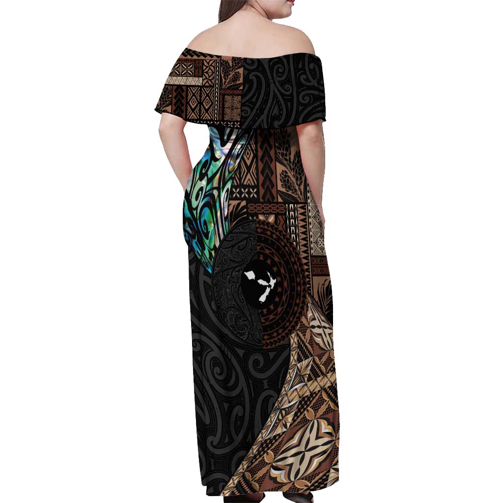 Samoa and New Zealand Together Off Shoulder Maxi Dress Siapo Motif and Maori Paua Shell Pattern