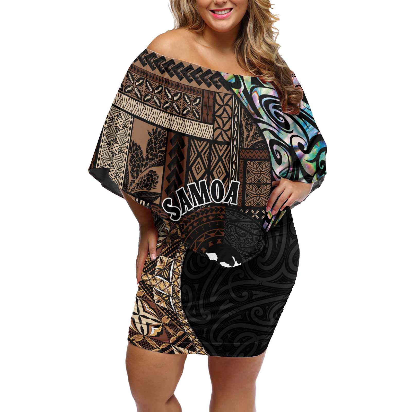 Samoa and New Zealand Together Off Shoulder Short Dress Siapo Motif and Maori Paua Shell Pattern