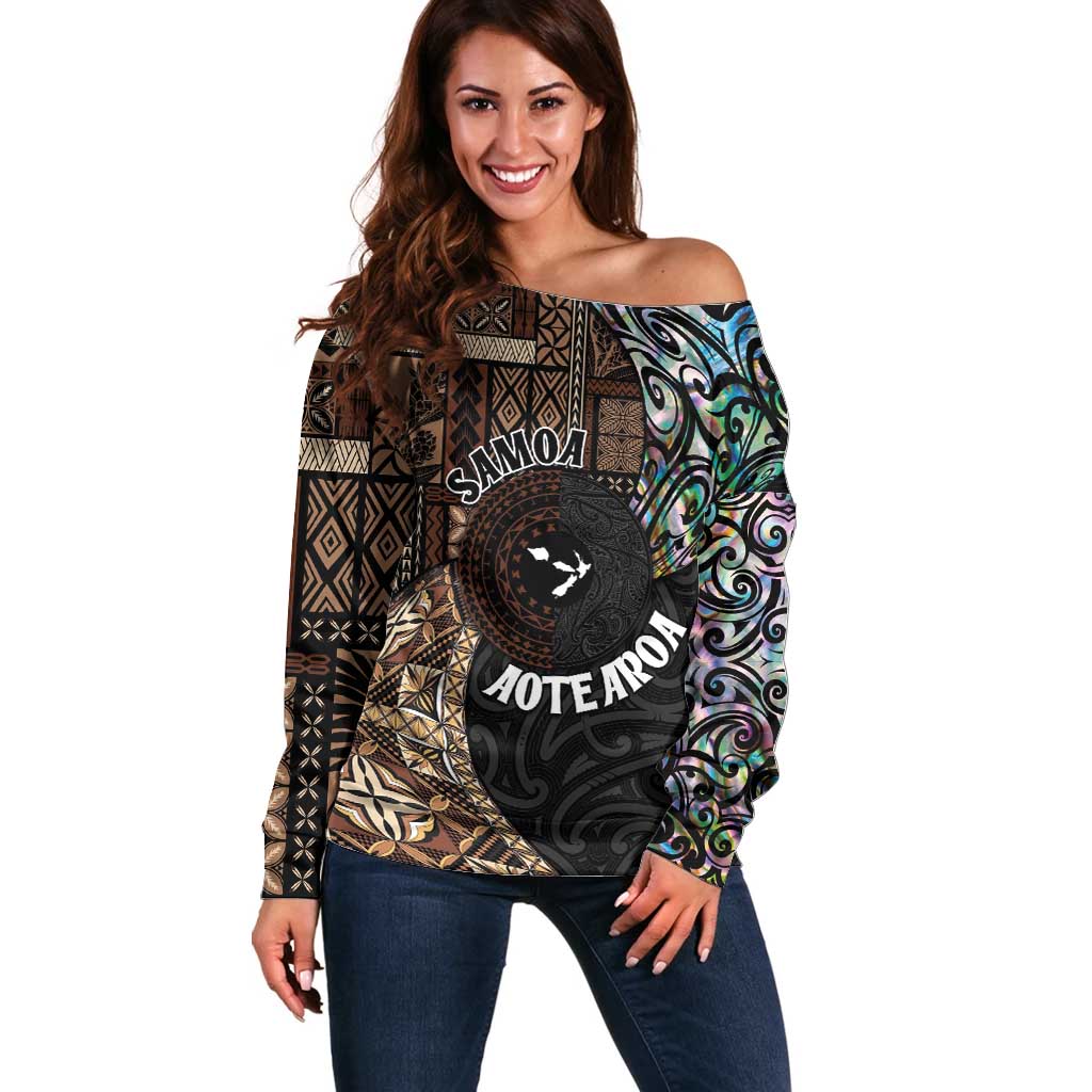 Samoa and New Zealand Together Off Shoulder Sweater Siapo Motif and Maori Paua Shell Pattern