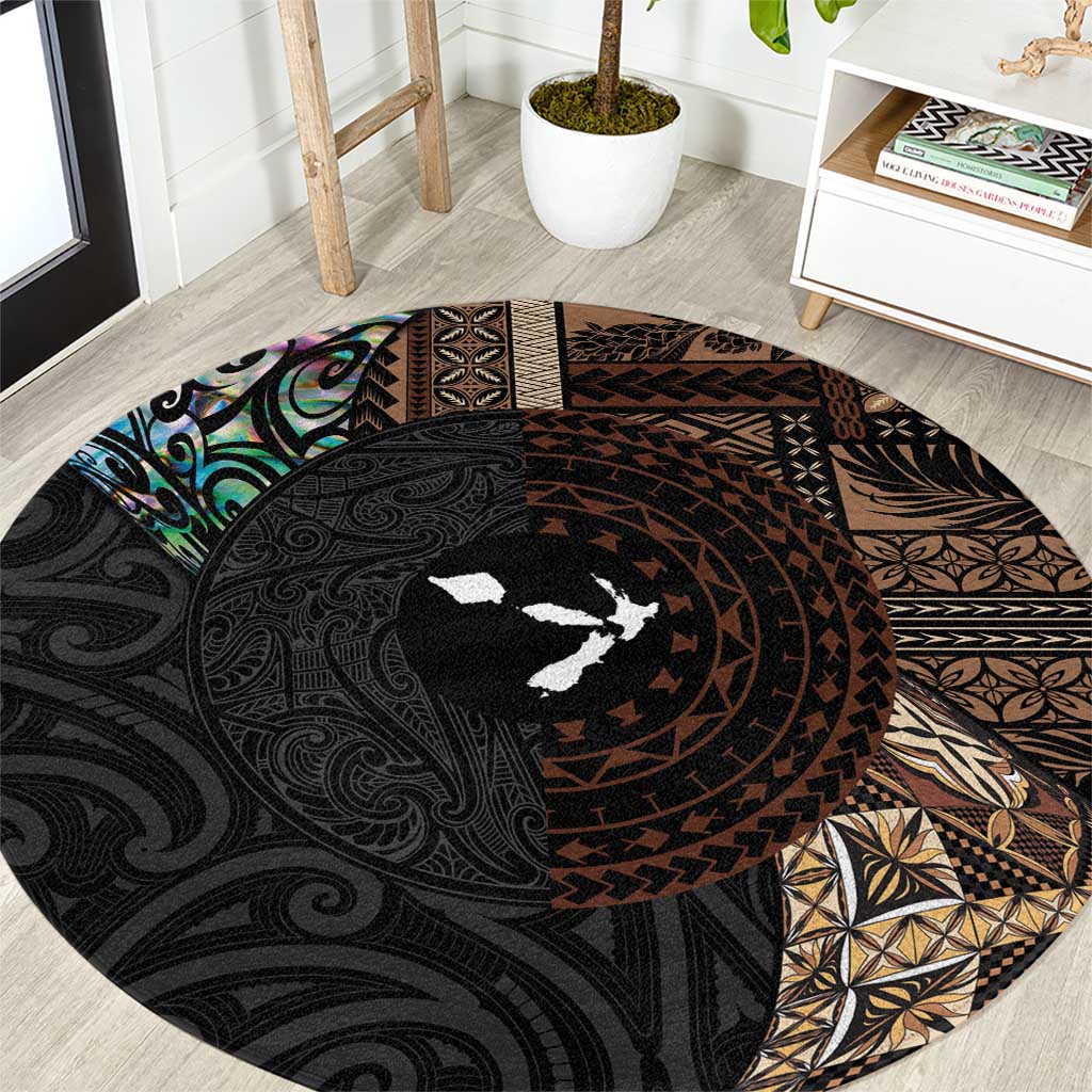Samoa and New Zealand Together Round Carpet Siapo Motif and Maori Paua Shell Pattern