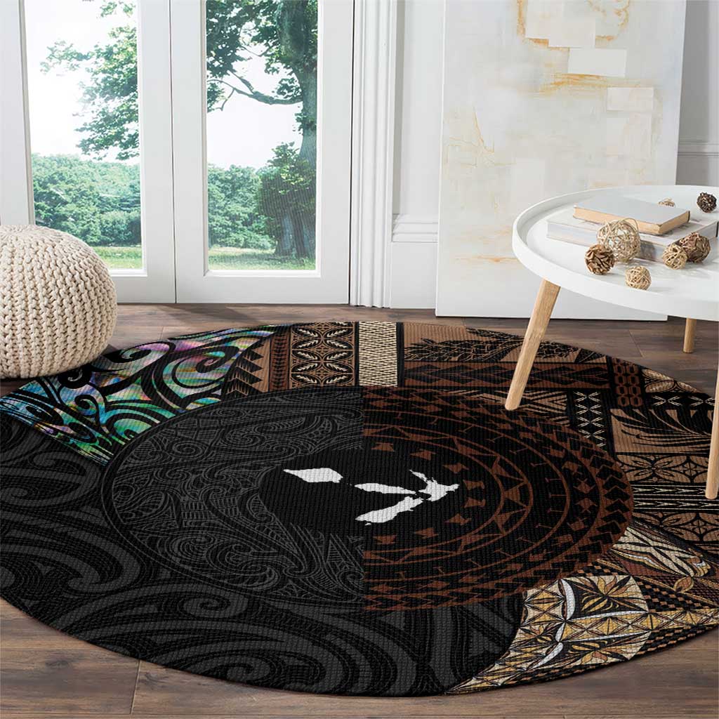 Samoa and New Zealand Together Round Carpet Siapo Motif and Maori Paua Shell Pattern