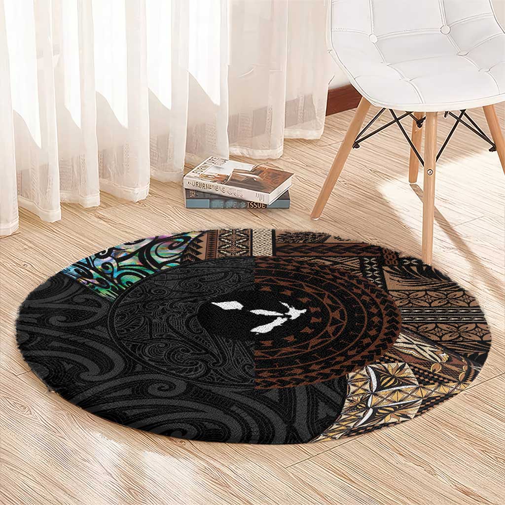 Samoa and New Zealand Together Round Carpet Siapo Motif and Maori Paua Shell Pattern