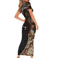 Samoa and New Zealand Together Short Sleeve Bodycon Dress Siapo Motif and Maori Paua Shell Pattern