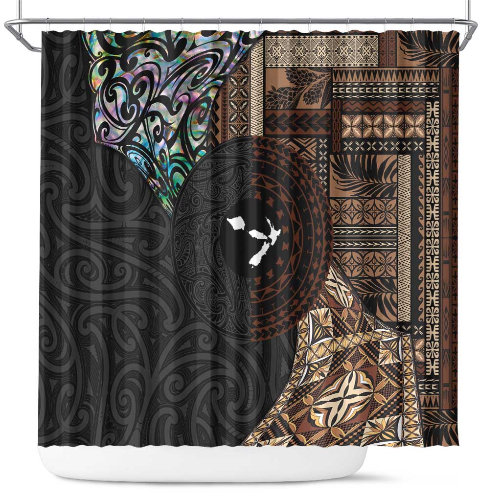 Samoa and New Zealand Together Shower Curtain Siapo Motif and Maori Paua Shell Pattern