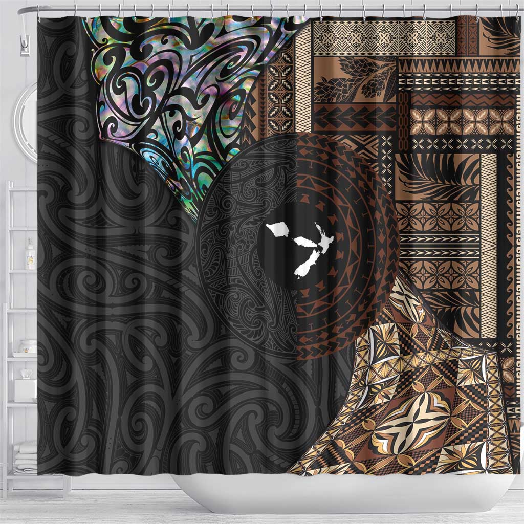 Samoa and New Zealand Together Shower Curtain Siapo Motif and Maori Paua Shell Pattern