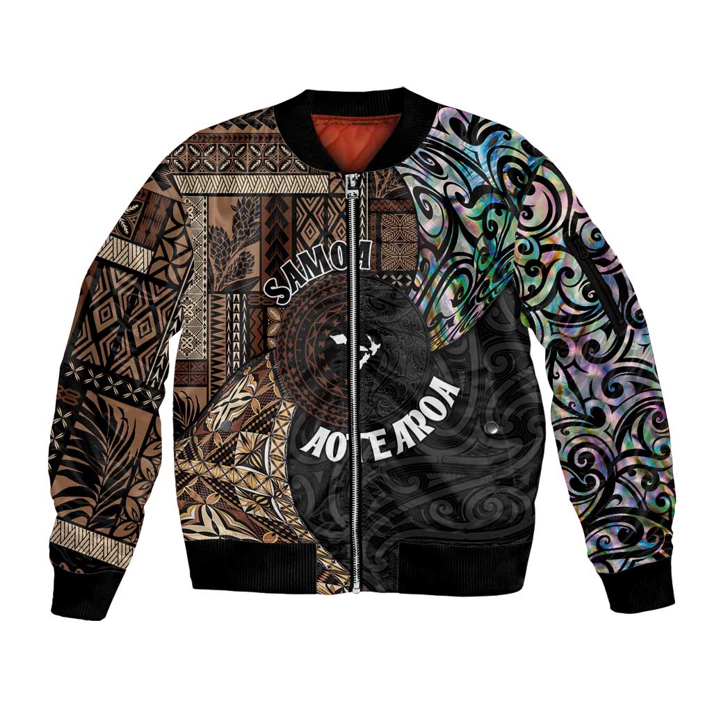 Samoa and New Zealand Together Sleeve Zip Bomber Jacket Siapo Motif and Maori Paua Shell Pattern