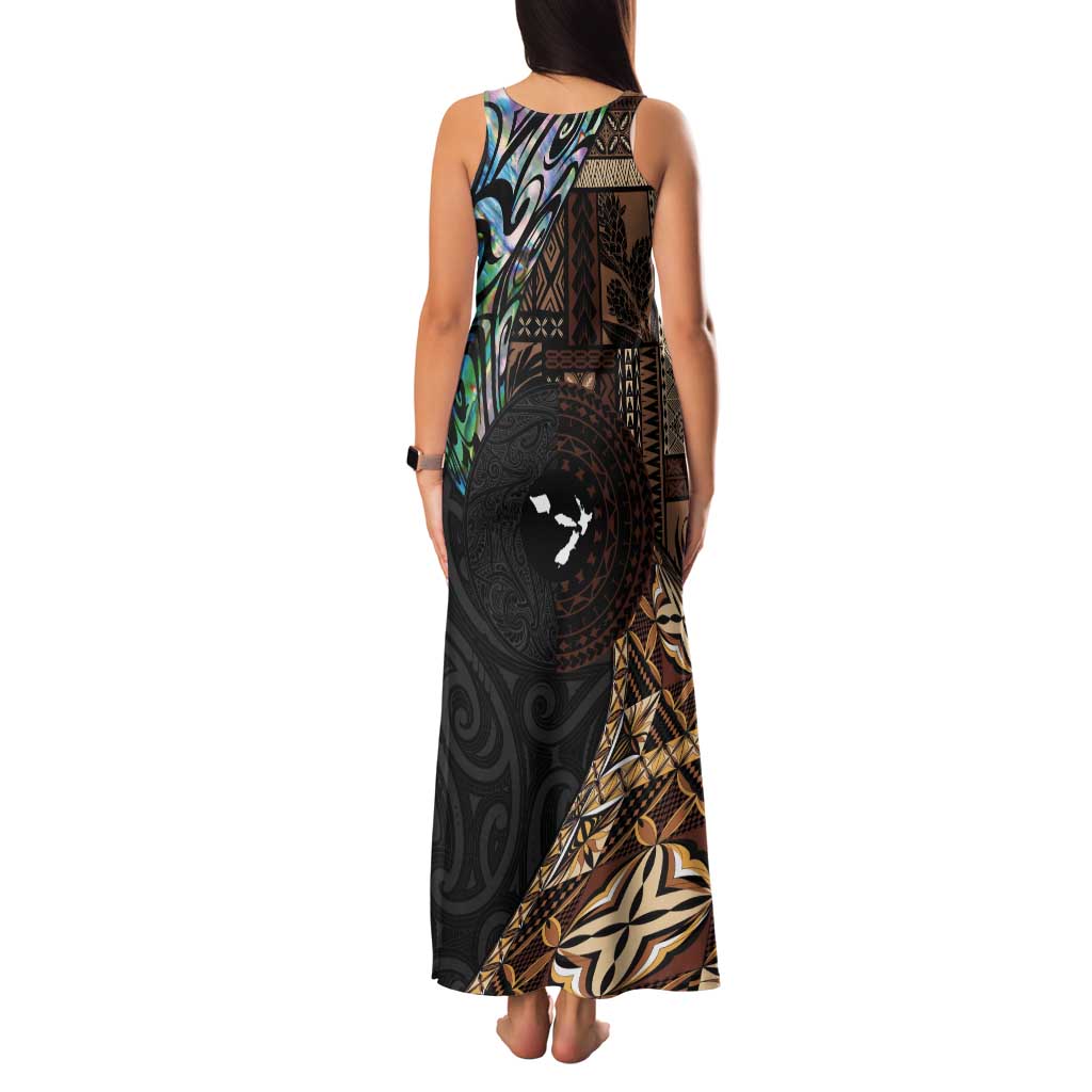 Samoa and New Zealand Together Tank Maxi Dress Siapo Motif and Maori Paua Shell Pattern