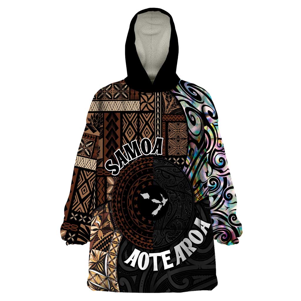 Samoa and New Zealand Together Wearable Blanket Hoodie Siapo Motif and Maori Paua Shell Pattern