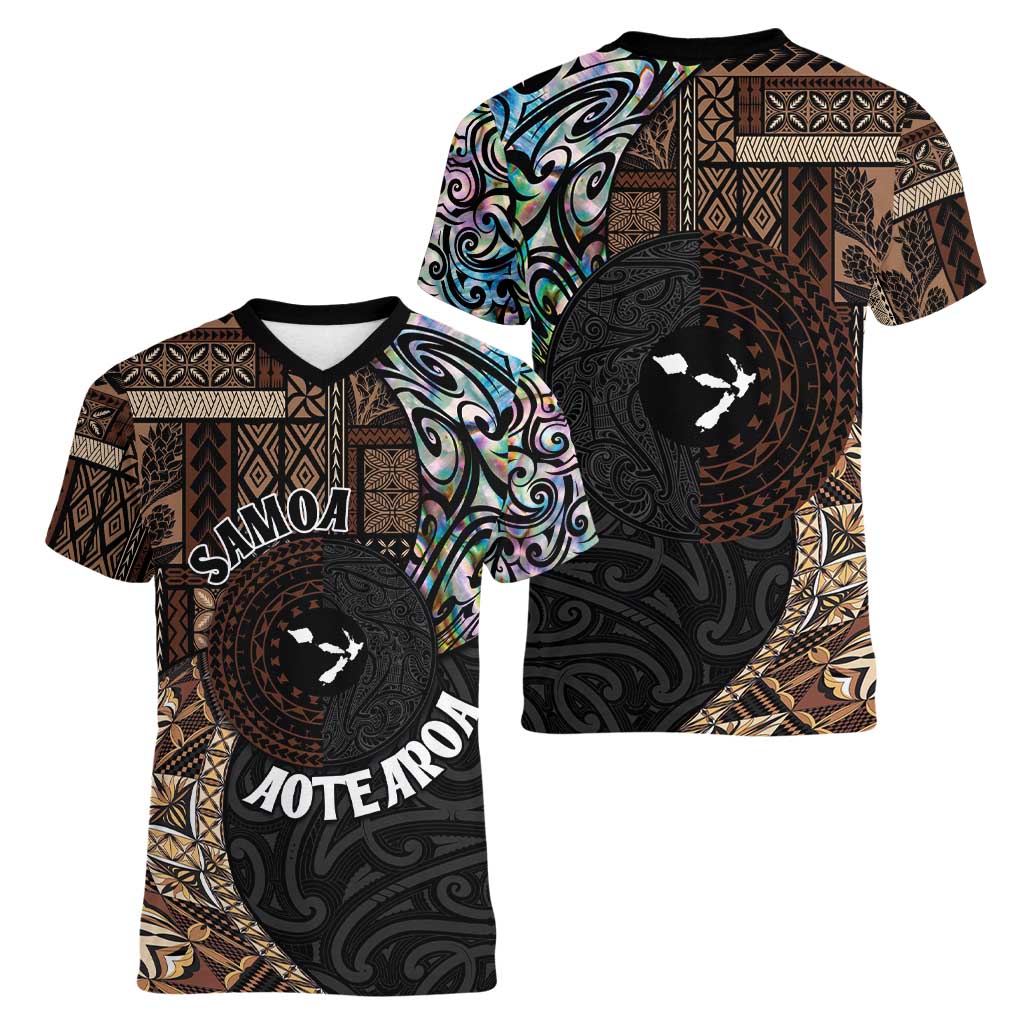 Samoa and New Zealand Together Women V-Neck T-Shirt Siapo Motif and Maori Paua Shell Pattern