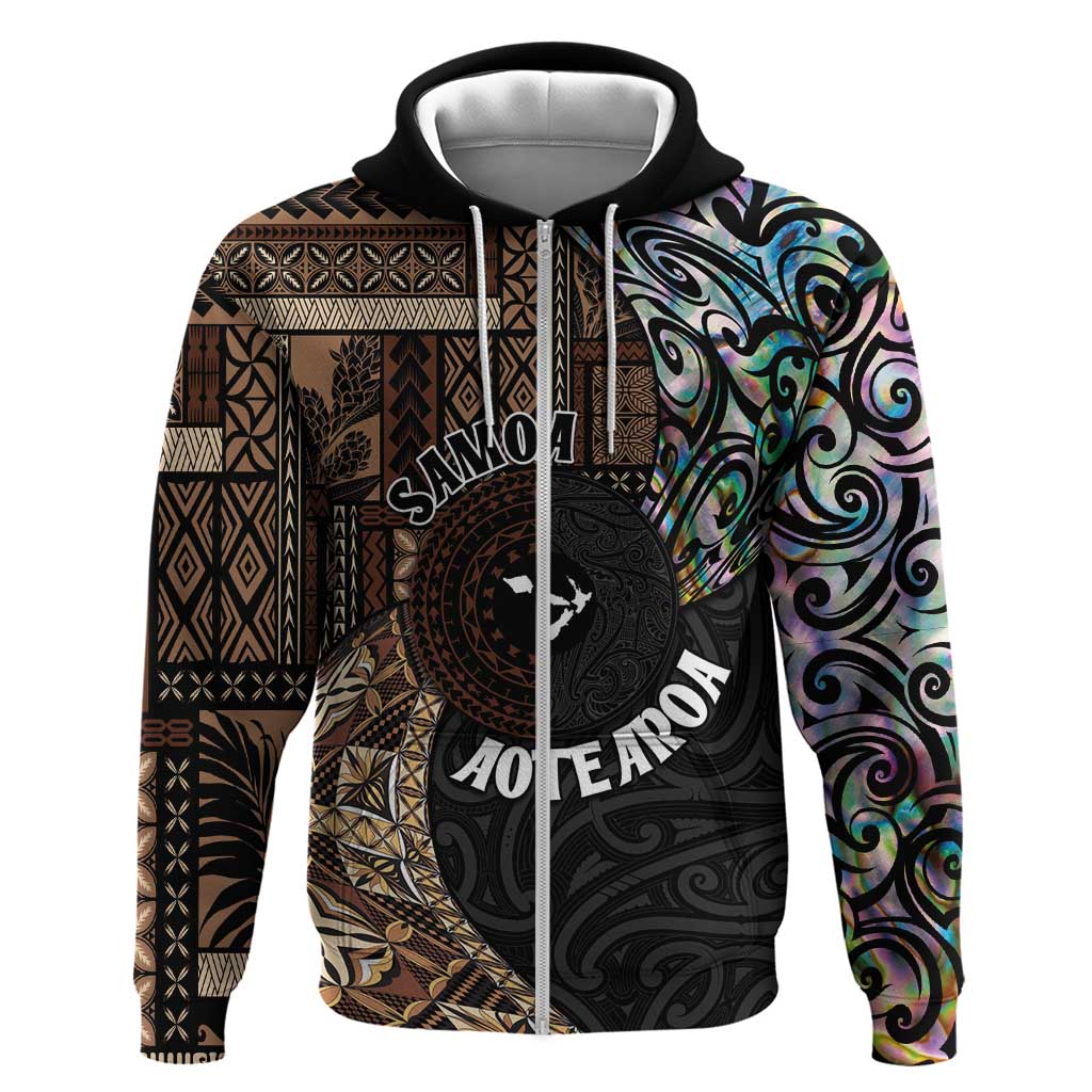 Samoa and New Zealand Together Zip Hoodie Siapo Motif and Maori Paua Shell Pattern