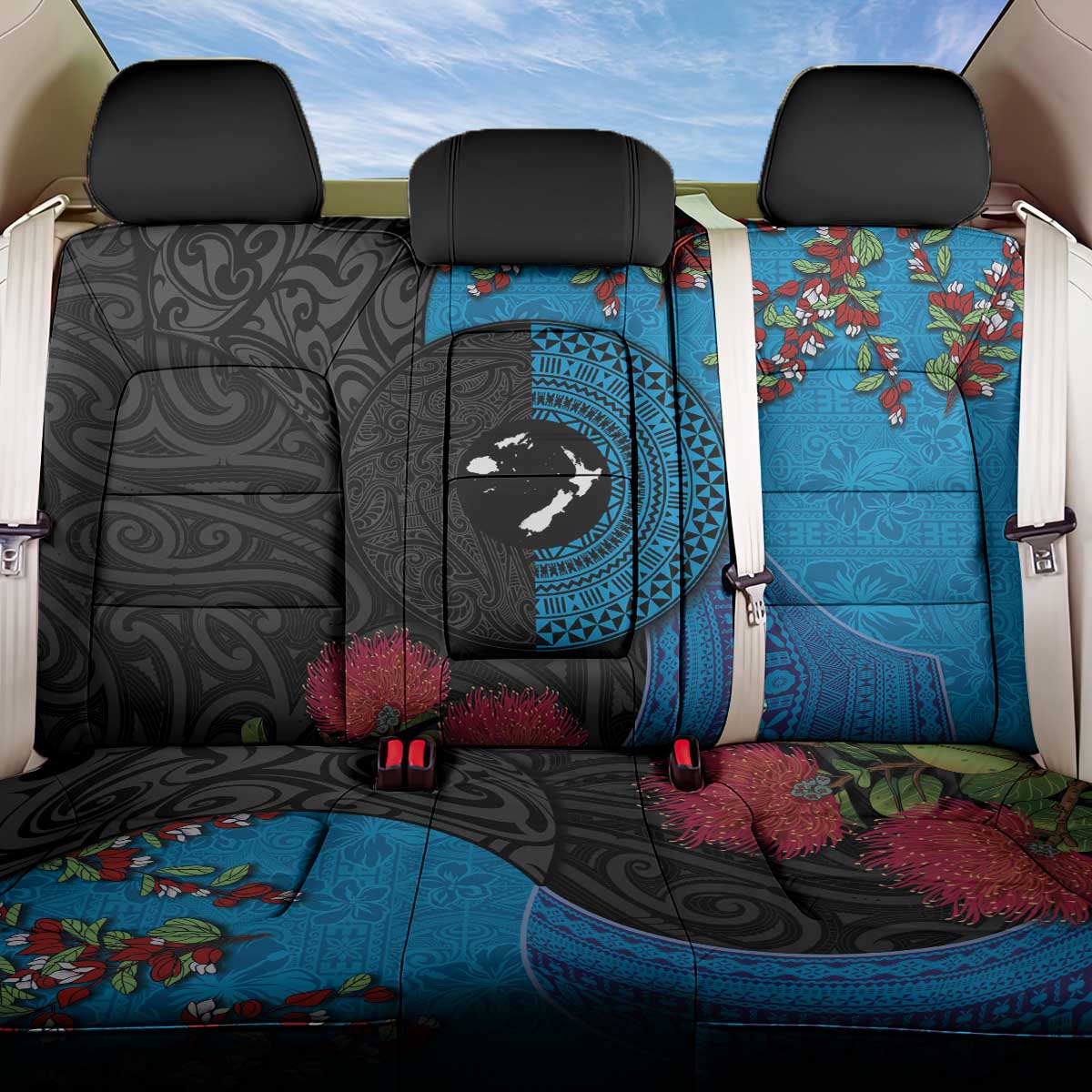 Fiji and New Zealand Together Back Car Seat Cover Tapa Maori Tattoo mix Tagimoucia and Pohutukawa