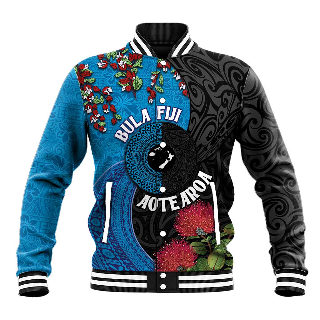 Fiji and New Zealand Together Baseball Jacket Tapa Maori Tattoo mix Tagimoucia and Pohutukawa