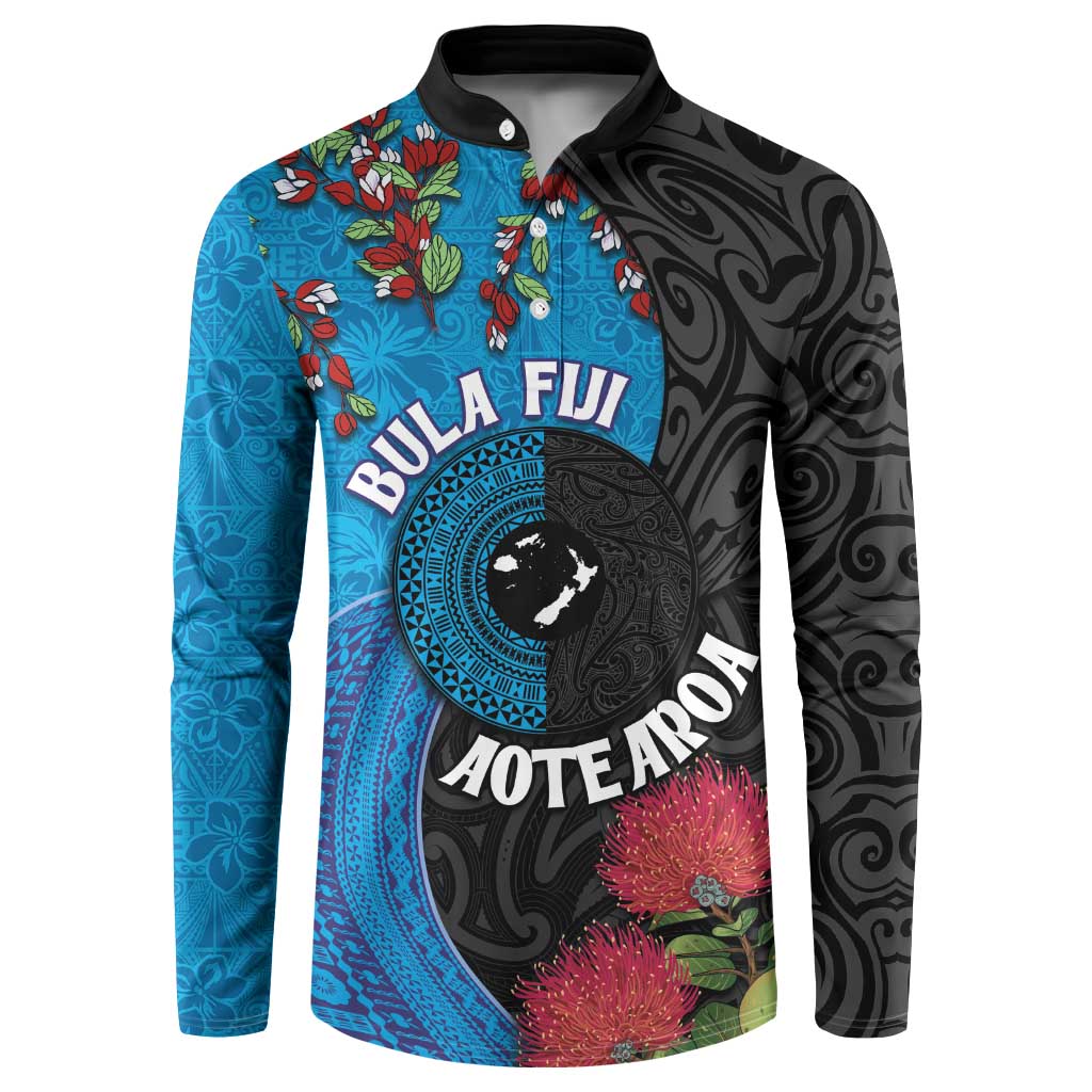 Fiji and New Zealand Together Button Sweatshirt Tapa Maori Tattoo mix Tagimoucia and Pohutukawa