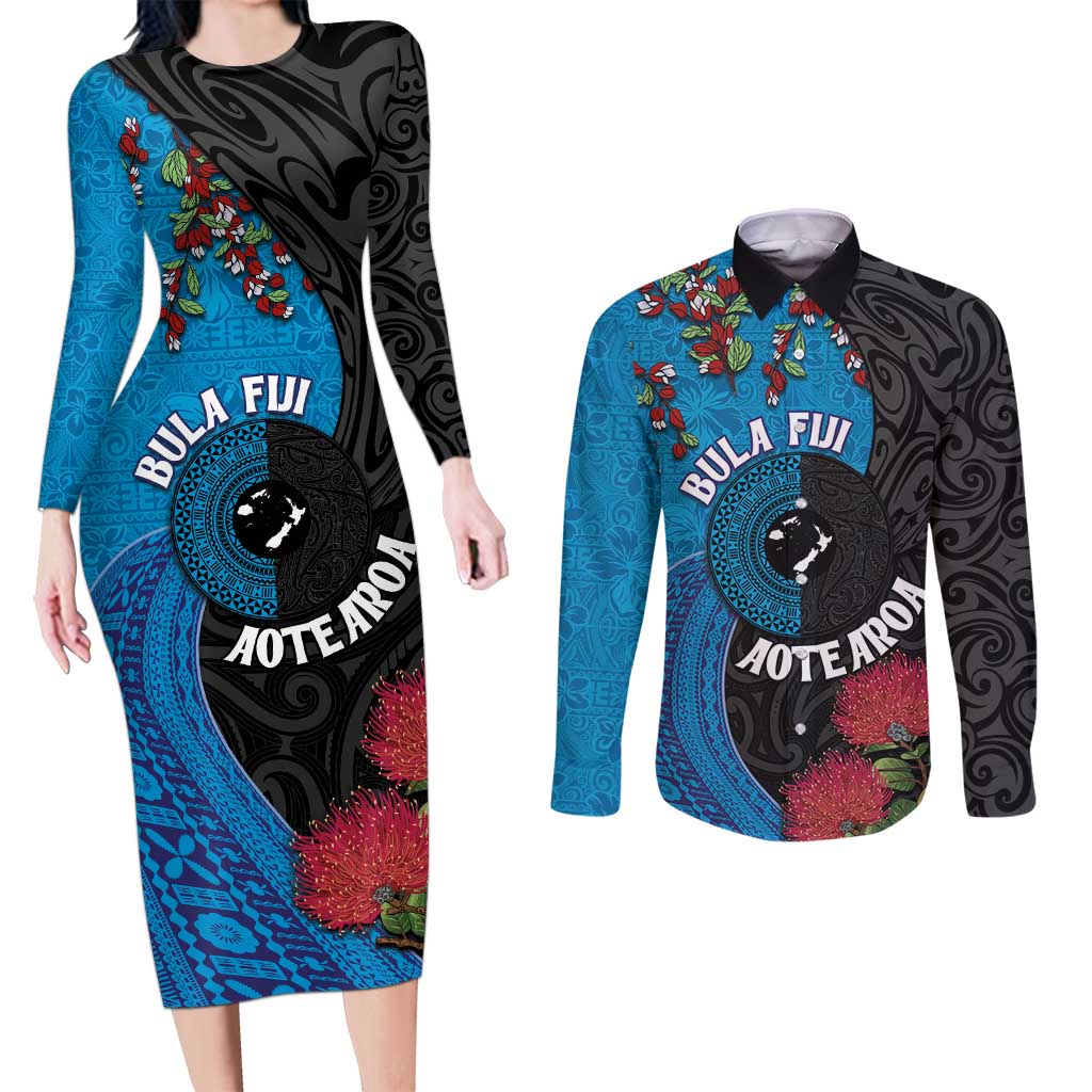 Fiji and New Zealand Together Couples Matching Long Sleeve Bodycon Dress and Long Sleeve Button Shirt Tapa Maori Tattoo mix Tagimoucia and Pohutukawa