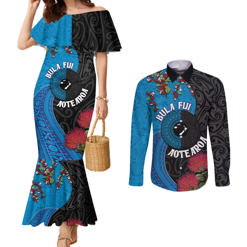 Fiji and New Zealand Together Couples Matching Mermaid Dress and Long Sleeve Button Shirt Tapa Maori Tattoo mix Tagimoucia and Pohutukawa