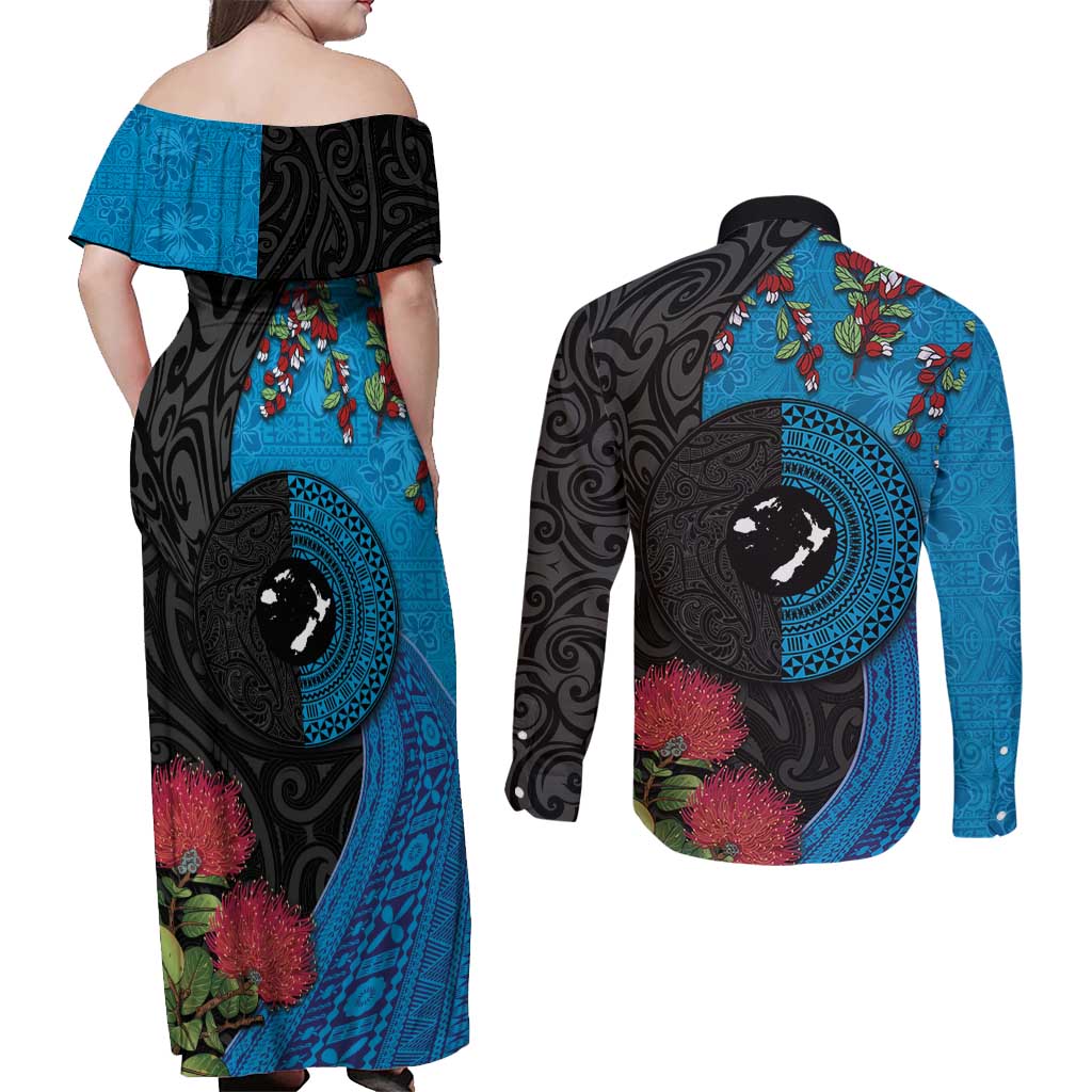 Fiji and New Zealand Together Couples Matching Off Shoulder Maxi Dress and Long Sleeve Button Shirt Tapa Maori Tattoo mix Tagimoucia and Pohutukawa