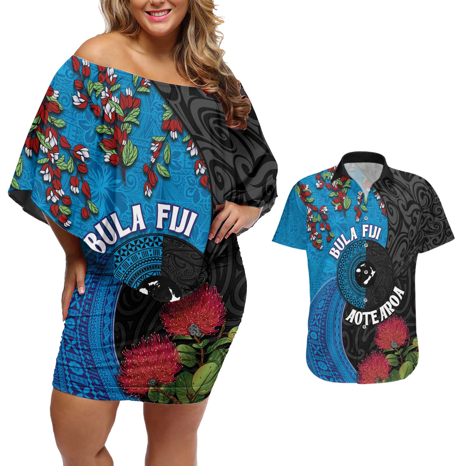 Fiji and New Zealand Together Couples Matching Off Shoulder Short Dress and Hawaiian Shirt Tapa Maori Tattoo mix Tagimoucia and Pohutukawa