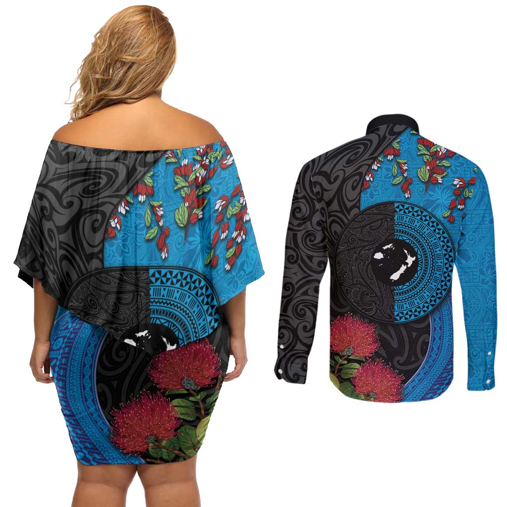 Fiji and New Zealand Together Couples Matching Off Shoulder Short Dress and Long Sleeve Button Shirt Tapa Maori Tattoo mix Tagimoucia and Pohutukawa