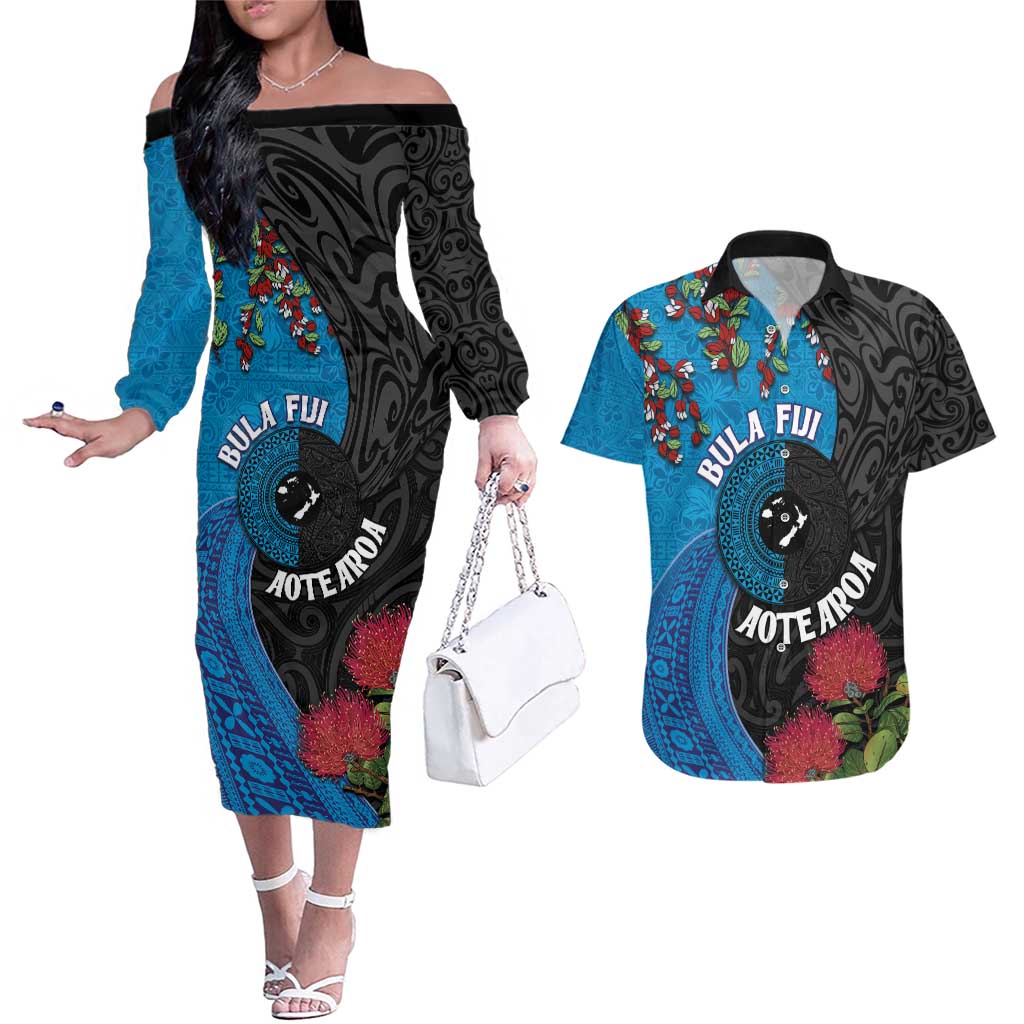 Fiji and New Zealand Together Couples Matching Off The Shoulder Long Sleeve Dress and Hawaiian Shirt Tapa Maori Tattoo mix Tagimoucia and Pohutukawa