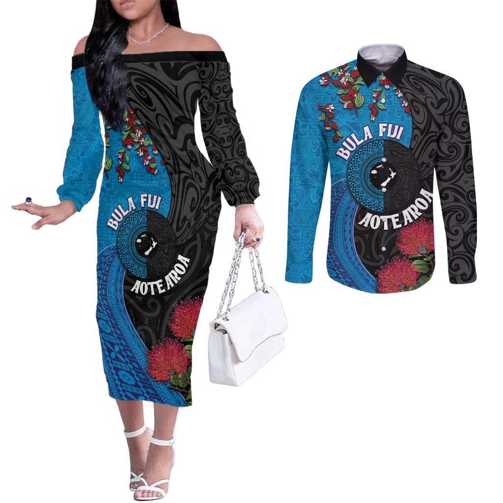 Fiji and New Zealand Together Couples Matching Off The Shoulder Long Sleeve Dress and Long Sleeve Button Shirt Tapa Maori Tattoo mix Tagimoucia and Pohutukawa