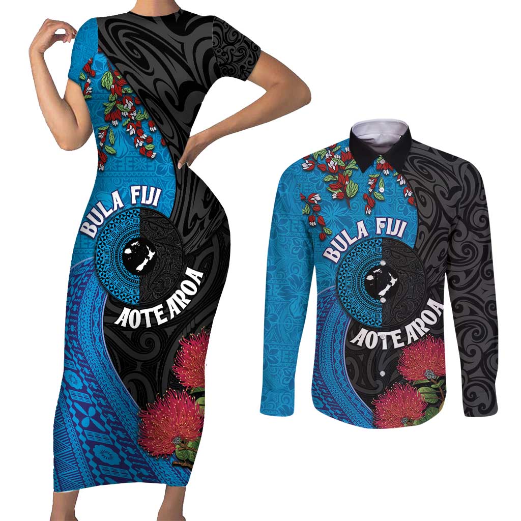 Fiji and New Zealand Together Couples Matching Short Sleeve Bodycon Dress and Long Sleeve Button Shirt Tapa Maori Tattoo mix Tagimoucia and Pohutukawa