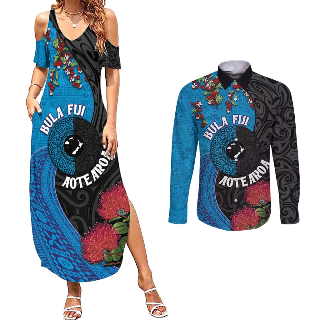 Fiji and New Zealand Together Couples Matching Summer Maxi Dress and Long Sleeve Button Shirt Tapa Maori Tattoo mix Tagimoucia and Pohutukawa