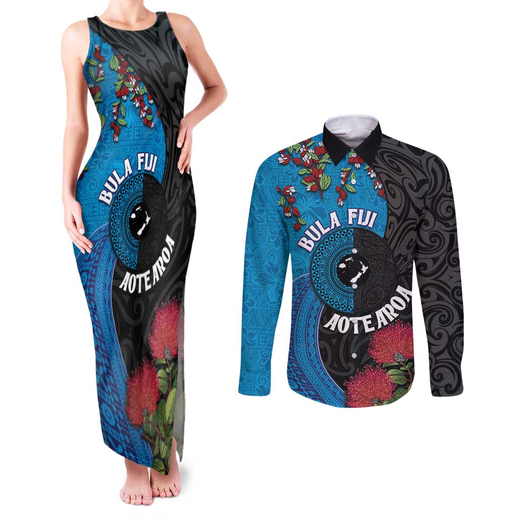 Fiji and New Zealand Together Couples Matching Tank Maxi Dress and Long Sleeve Button Shirt Tapa Maori Tattoo mix Tagimoucia and Pohutukawa