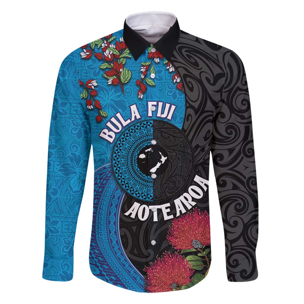 Fiji and New Zealand Together Family Matching Long Sleeve Bodycon Dress and Hawaiian Shirt Tapa Maori Tattoo mix Tagimoucia and Pohutukawa