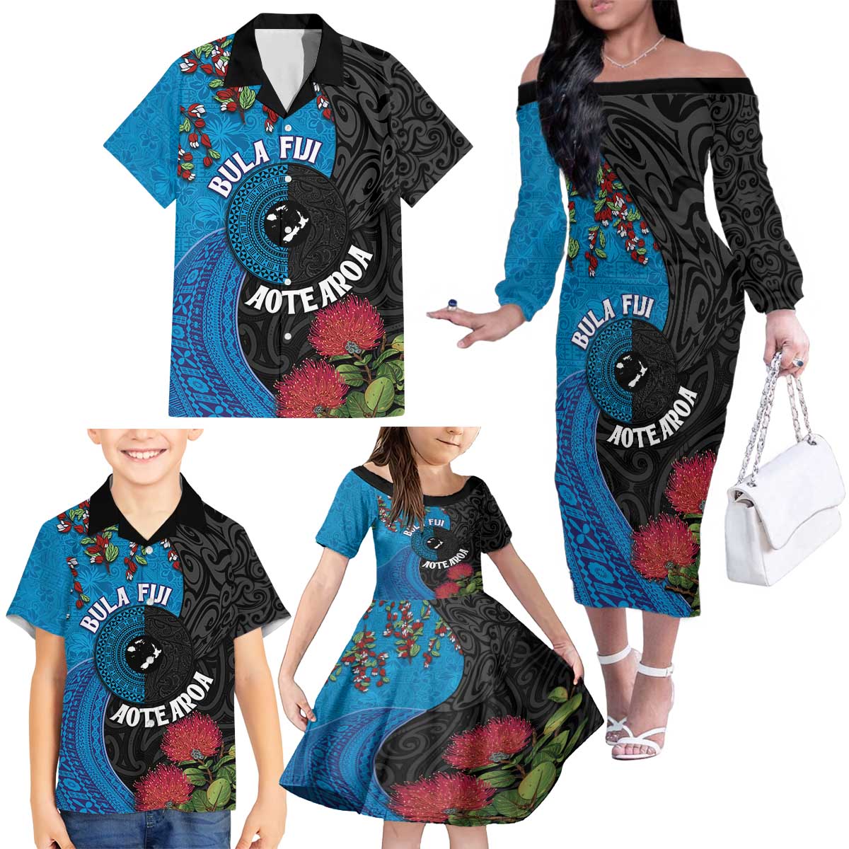 Fiji and New Zealand Together Family Matching Off The Shoulder Long Sleeve Dress and Hawaiian Shirt Tapa Maori Tattoo mix Tagimoucia and Pohutukawa