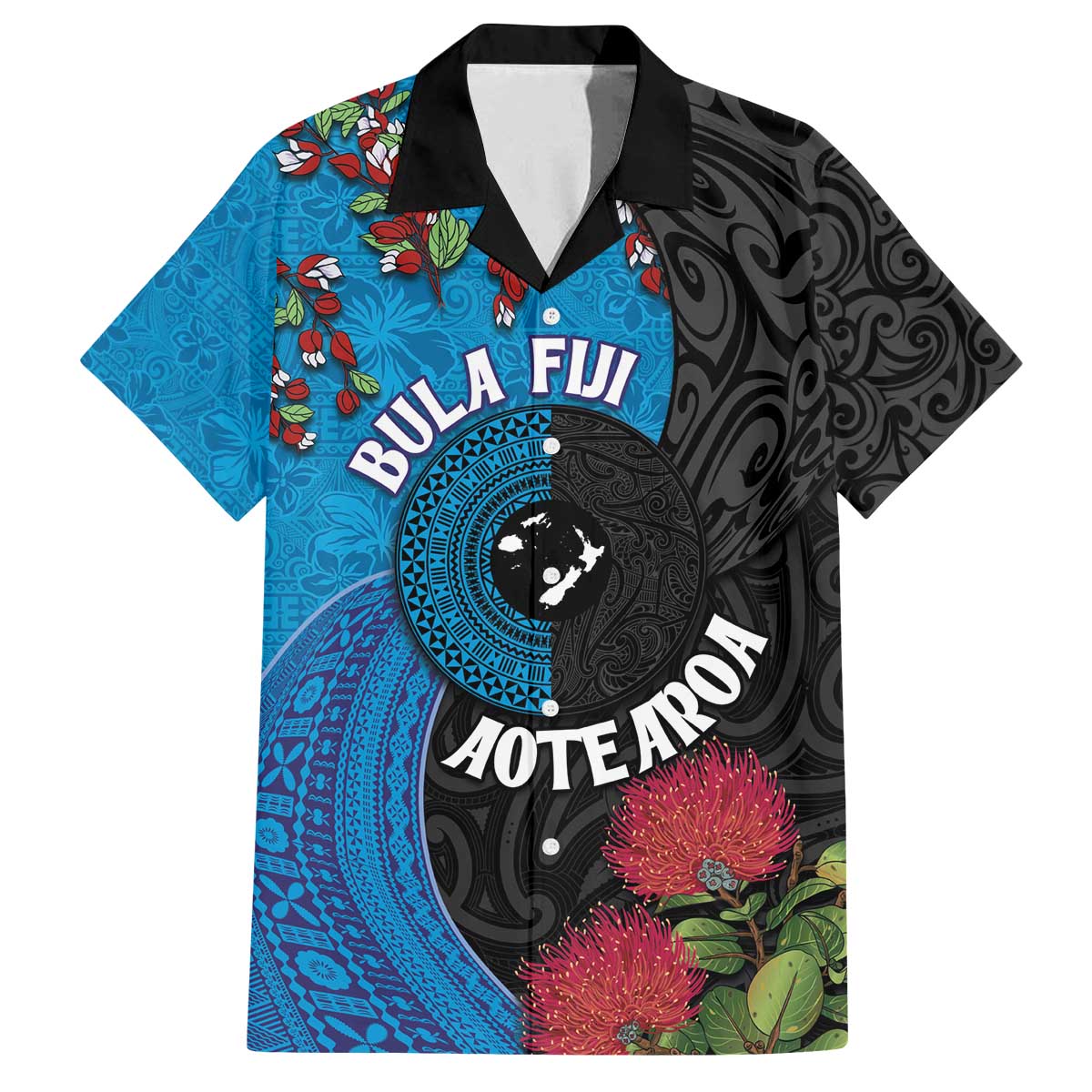 Fiji and New Zealand Together Family Matching Off The Shoulder Long Sleeve Dress and Hawaiian Shirt Tapa Maori Tattoo mix Tagimoucia and Pohutukawa
