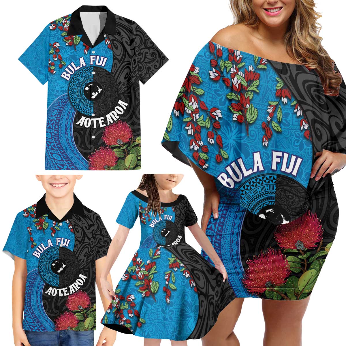 Fiji and New Zealand Together Family Matching Off Shoulder Short Dress and Hawaiian Shirt Tapa Maori Tattoo mix Tagimoucia and Pohutukawa