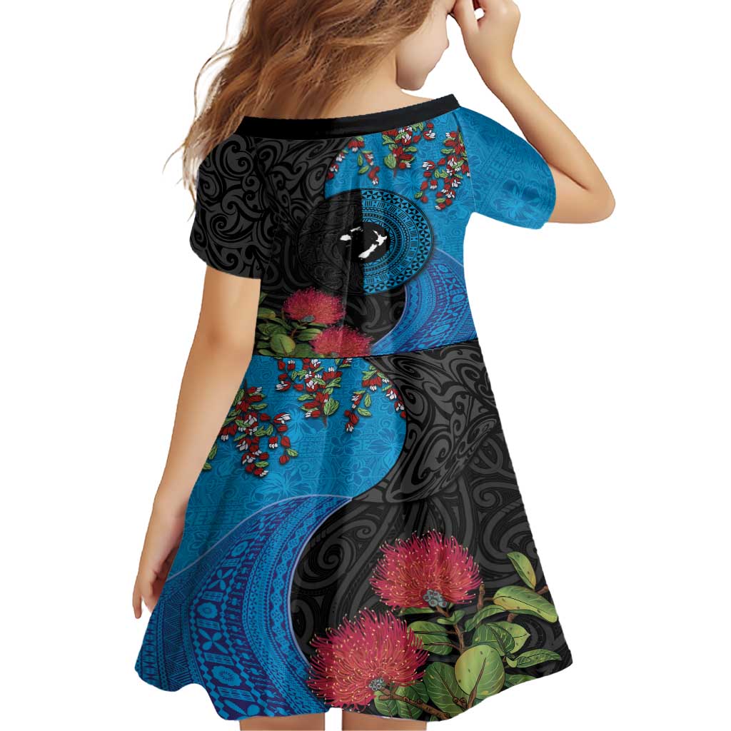 Fiji and New Zealand Together Family Matching Short Sleeve Bodycon Dress and Hawaiian Shirt Tapa Maori Tattoo mix Tagimoucia and Pohutukawa