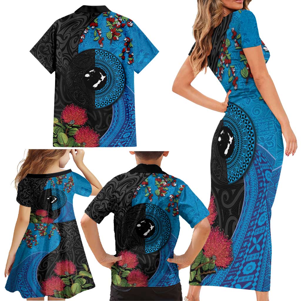 Fiji and New Zealand Together Family Matching Short Sleeve Bodycon Dress and Hawaiian Shirt Tapa Maori Tattoo mix Tagimoucia and Pohutukawa