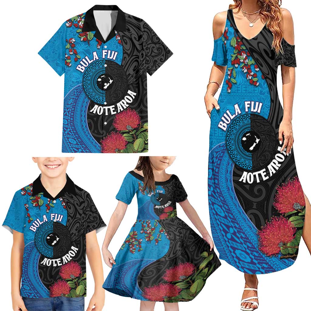 Fiji and New Zealand Together Family Matching Summer Maxi Dress and Hawaiian Shirt Tapa Maori Tattoo mix Tagimoucia and Pohutukawa