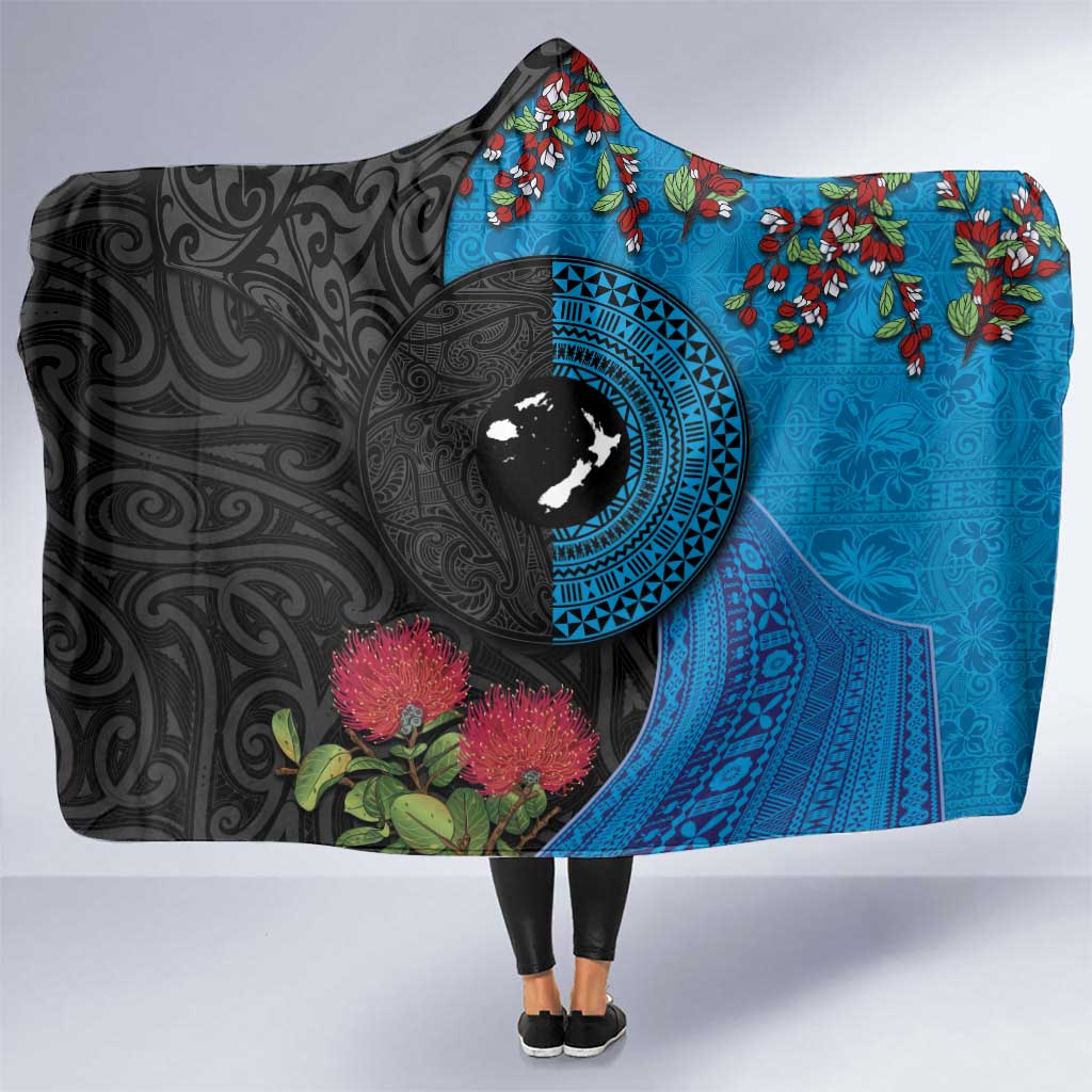 Fiji and New Zealand Together Hooded Blanket Tapa Maori Tattoo mix Tagimoucia and Pohutukawa