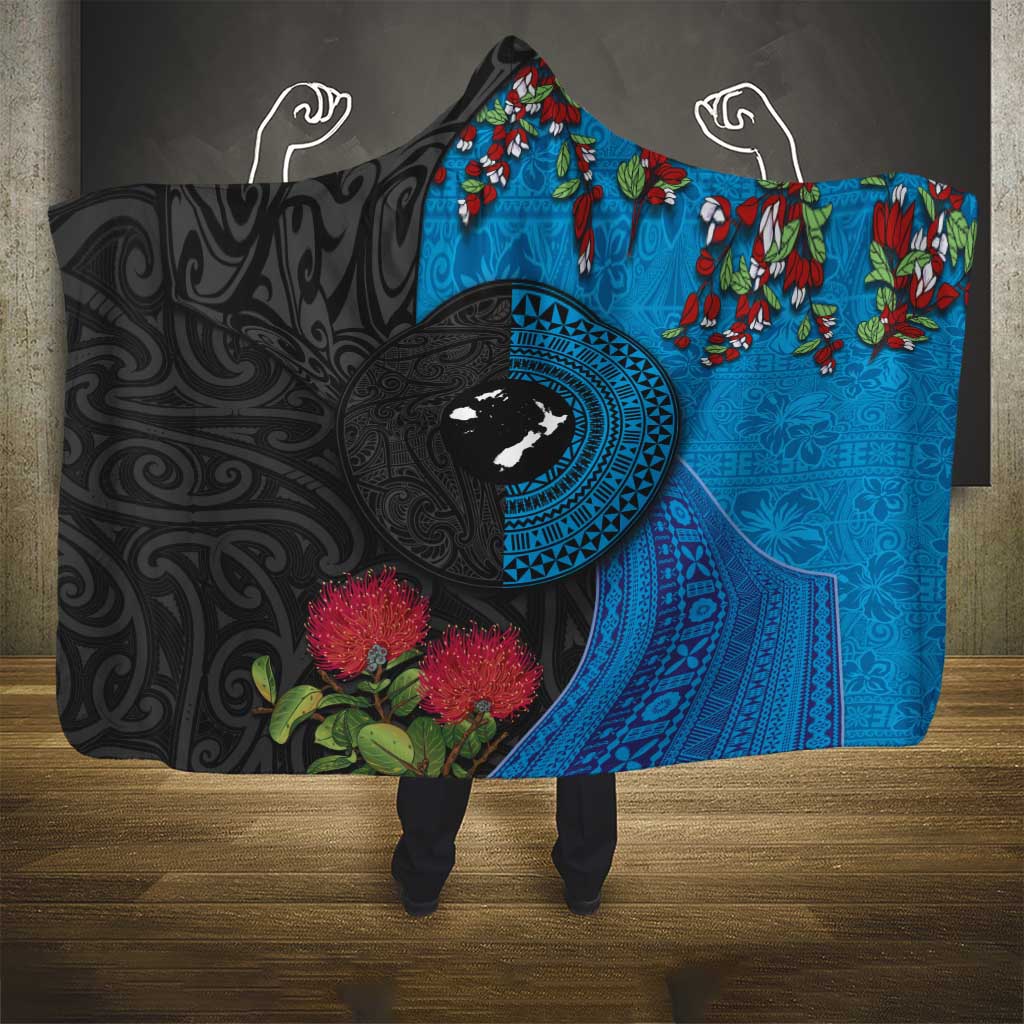 Fiji and New Zealand Together Hooded Blanket Tapa Maori Tattoo mix Tagimoucia and Pohutukawa