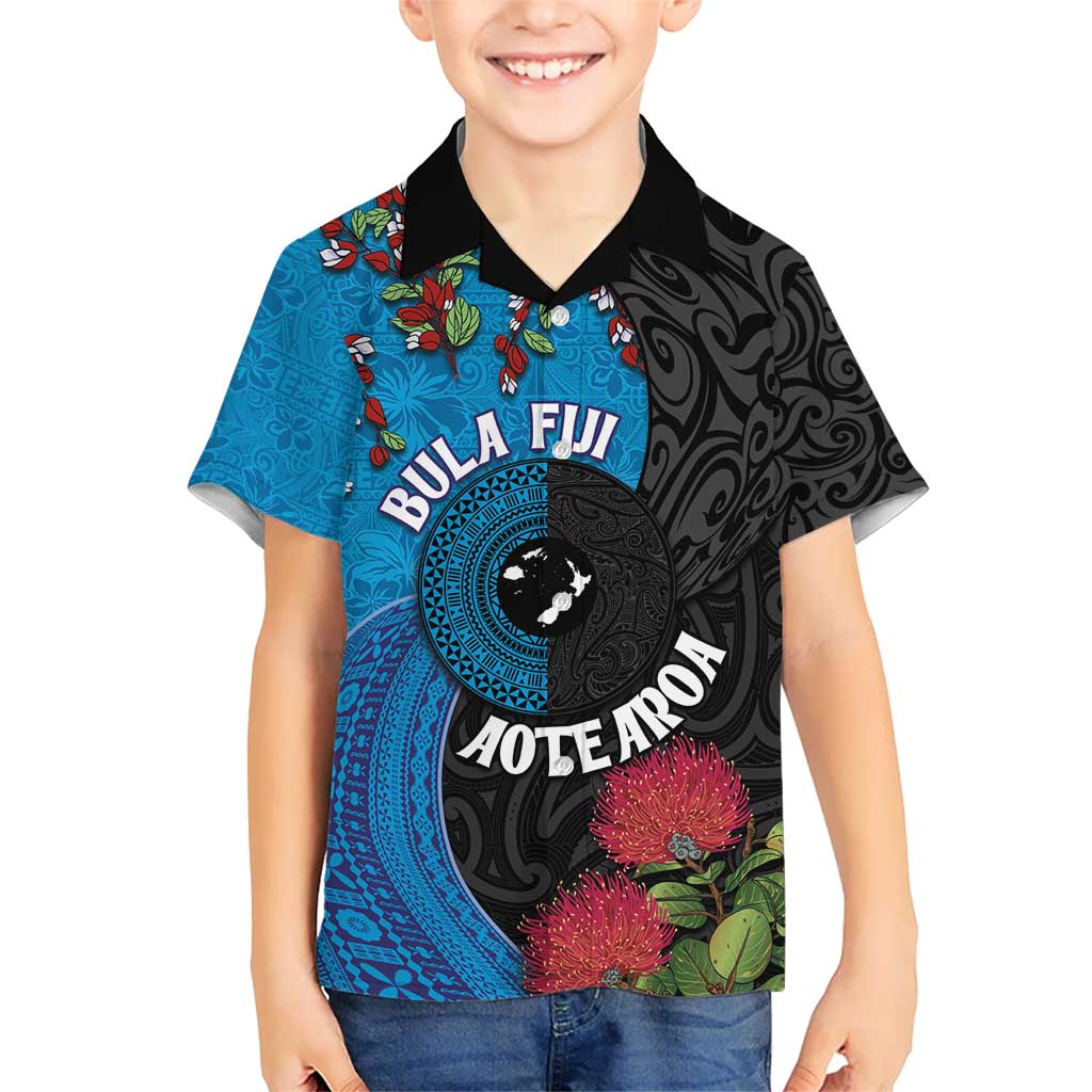 Fiji and New Zealand Together Kid Hawaiian Shirt Tapa Maori Tattoo mix Tagimoucia and Pohutukawa