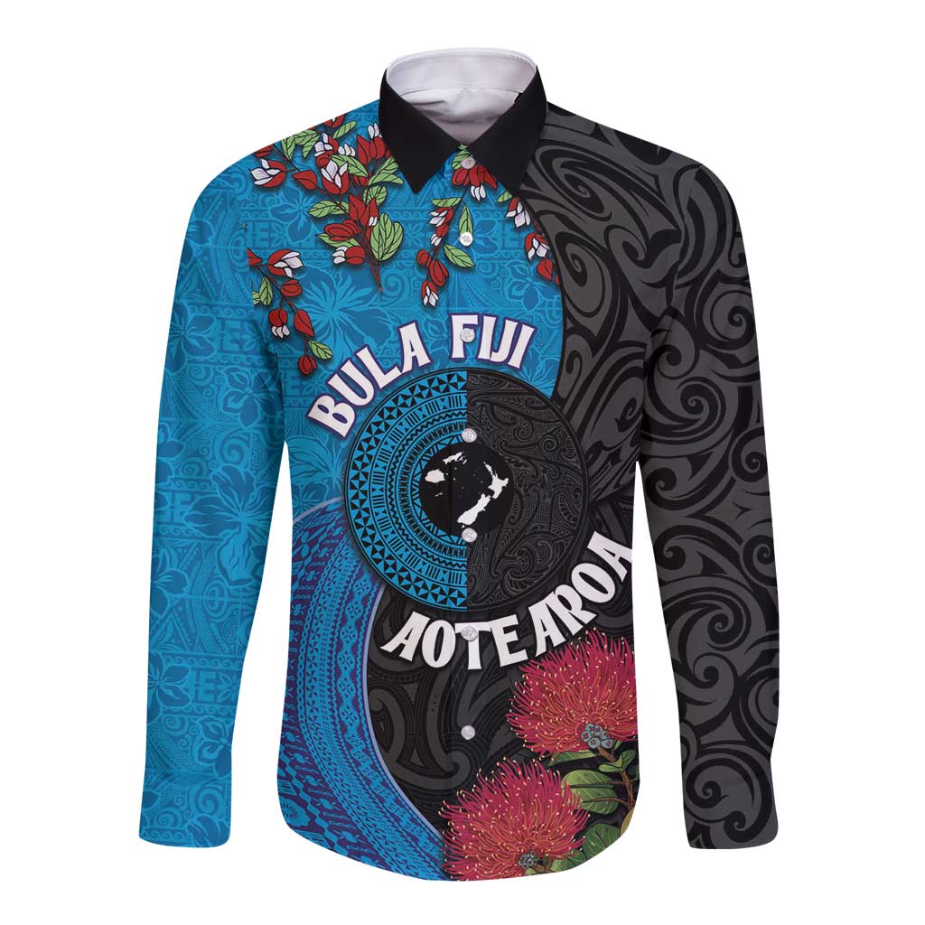 Fiji and New Zealand Together Long Sleeve Button Shirt Tapa Maori Tattoo mix Tagimoucia and Pohutukawa