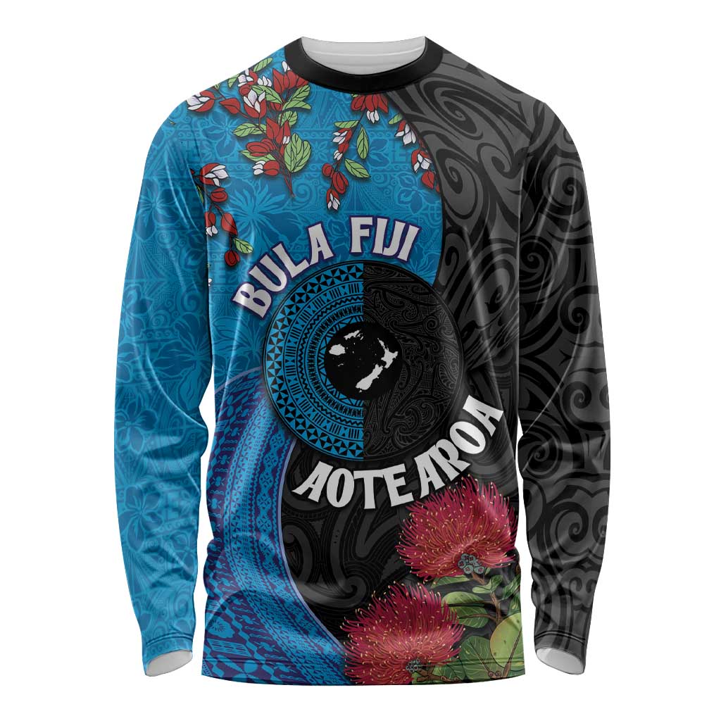 Fiji and New Zealand Together Long Sleeve Shirt Tapa Maori Tattoo mix Tagimoucia and Pohutukawa