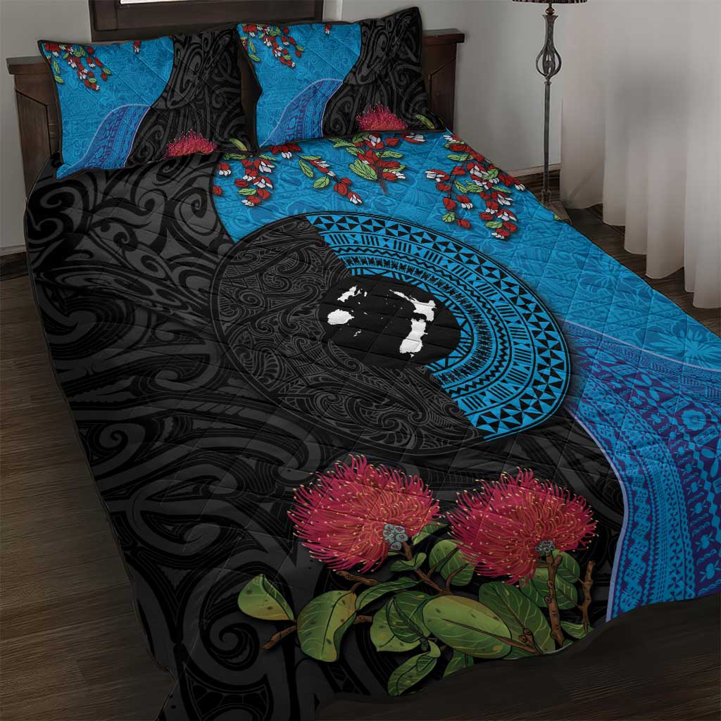 Fiji and New Zealand Together Quilt Bed Set Tapa Maori Tattoo mix Tagimoucia and Pohutukawa