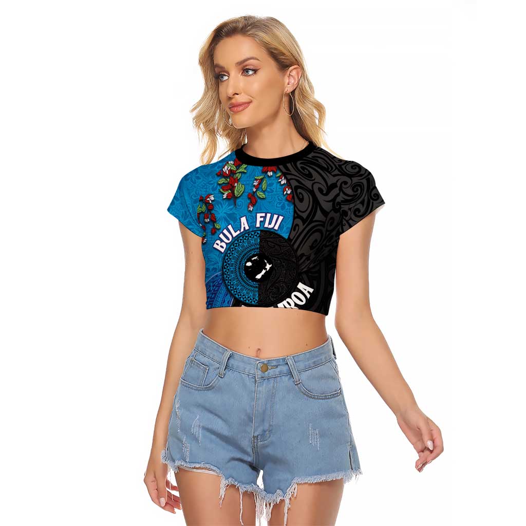 Fiji and New Zealand Together Raglan Cropped T Shirt Tapa Maori Tattoo mix Tagimoucia and Pohutukawa