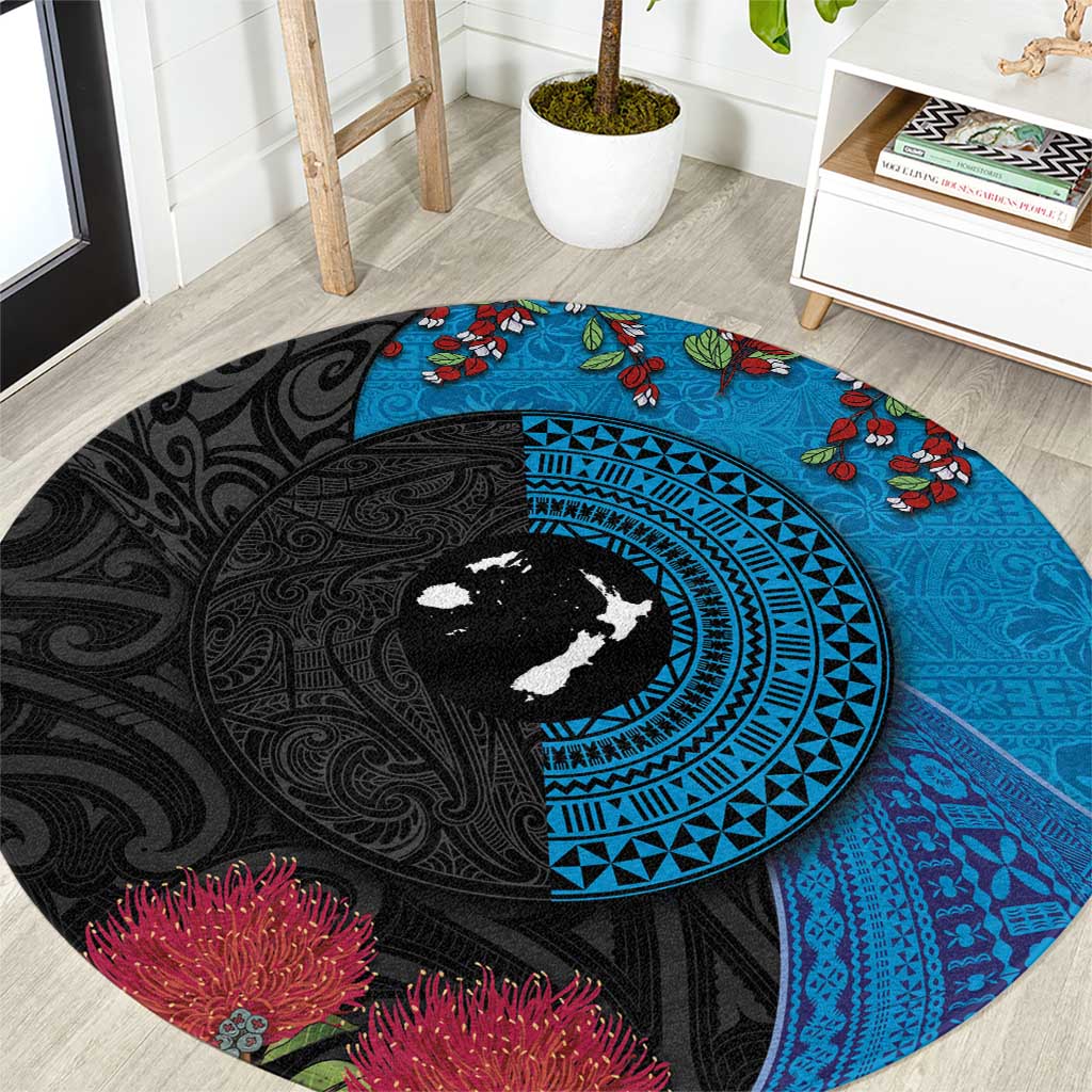 Fiji and New Zealand Together Round Carpet Tapa Maori Tattoo mix Tagimoucia and Pohutukawa