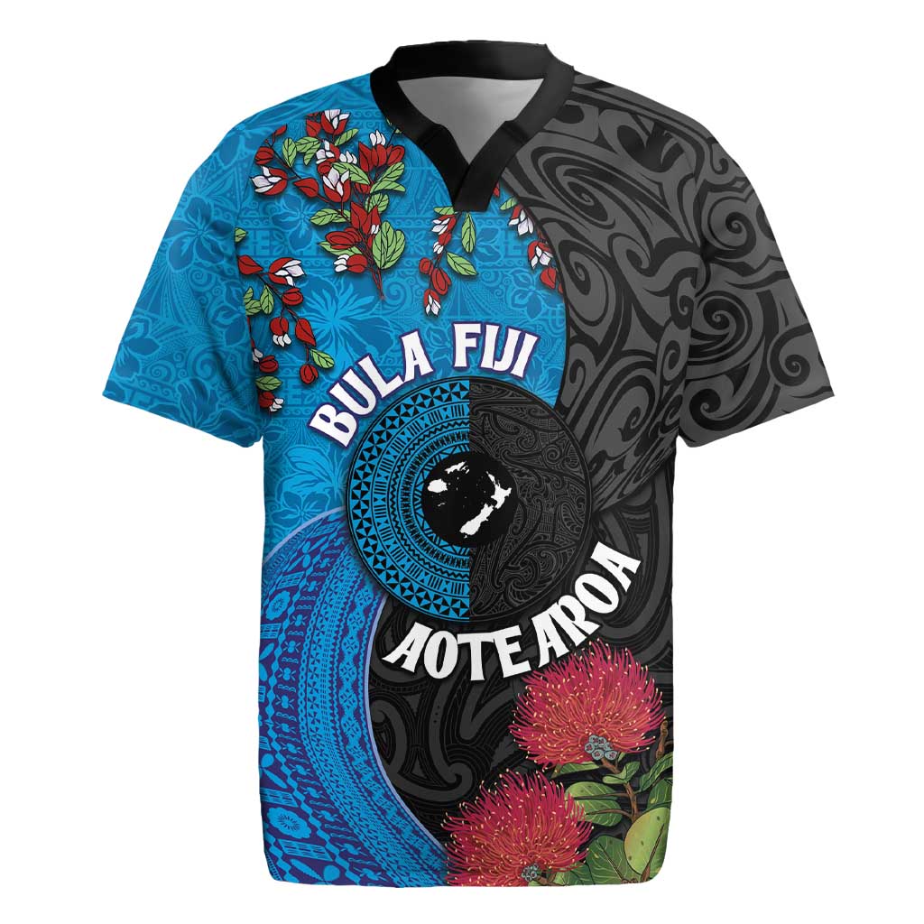 Fiji and New Zealand Together Rugby Jersey Tapa Maori Tattoo mix Tagimoucia and Pohutukawa