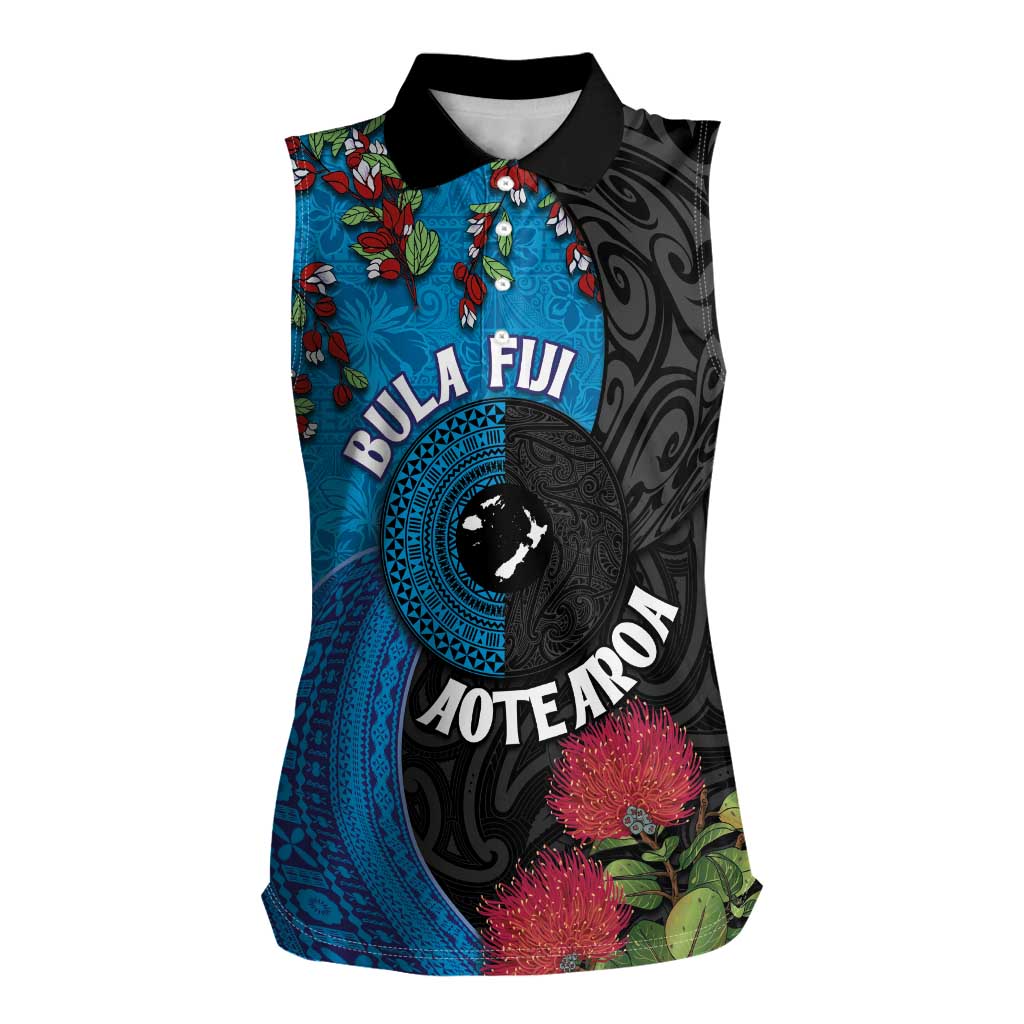 Fiji and New Zealand Together Women Sleeveless Polo Shirt Tapa Maori Tattoo mix Tagimoucia and Pohutukawa