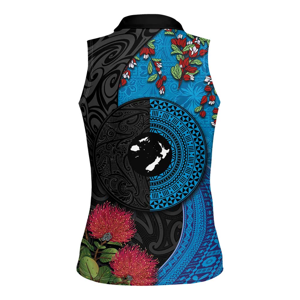 Fiji and New Zealand Together Women Sleeveless Polo Shirt Tapa Maori Tattoo mix Tagimoucia and Pohutukawa