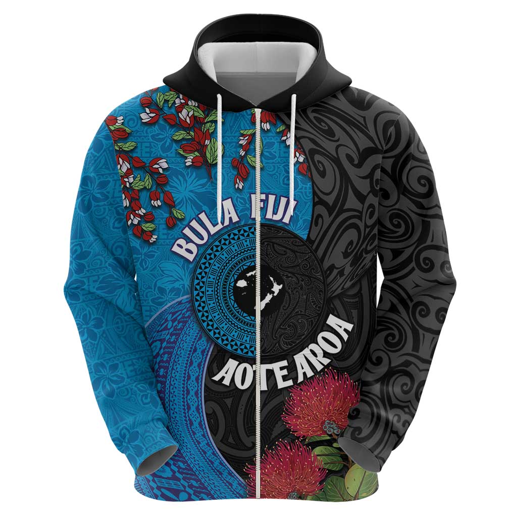 Fiji and New Zealand Together Zip Hoodie Tapa Maori Tattoo mix Tagimoucia and Pohutukawa